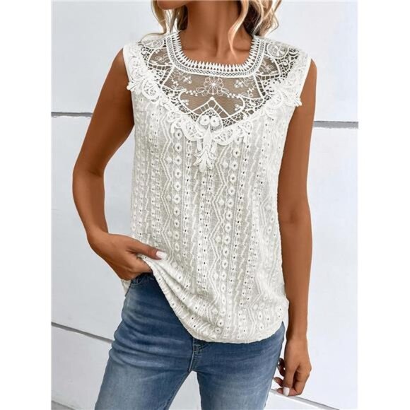Beige Boho Embroidered Lace Knit Tunic Tank Top Cut Out Sleeveless‎ Shirt Blouse